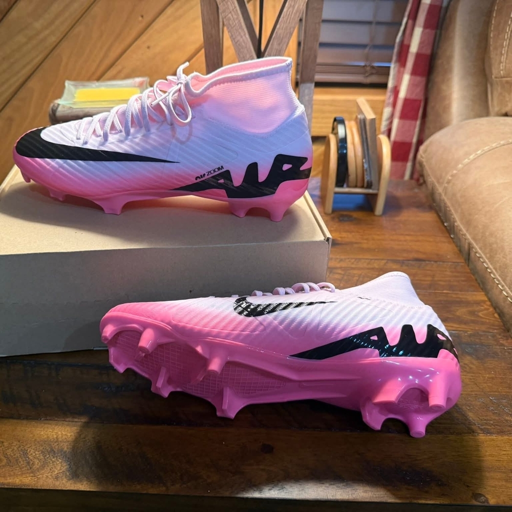 Nike Pink-to-White Gradient Soccer Cleats with Black Swoosh